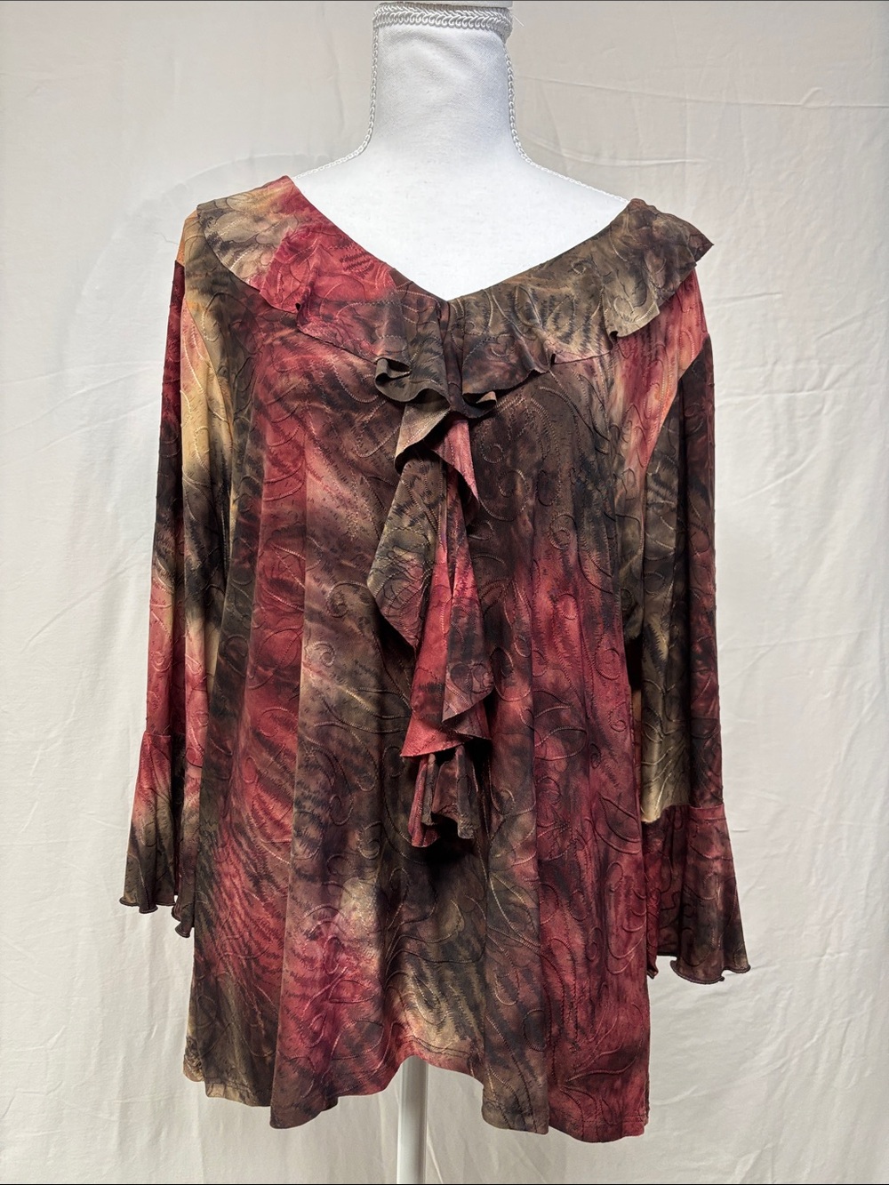 dressbarn Red and Brown Ombre Ruffled V-Neck Blouse
